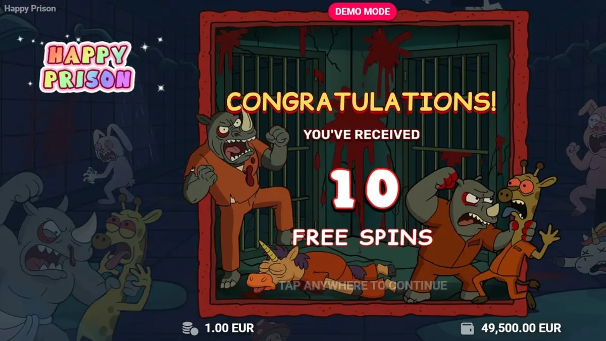 Captura de tela do slot Happy Prison da TrueLab, mostrando criaturas de contos de fadas em um cenário de prisão cartoonizado e colorido.
